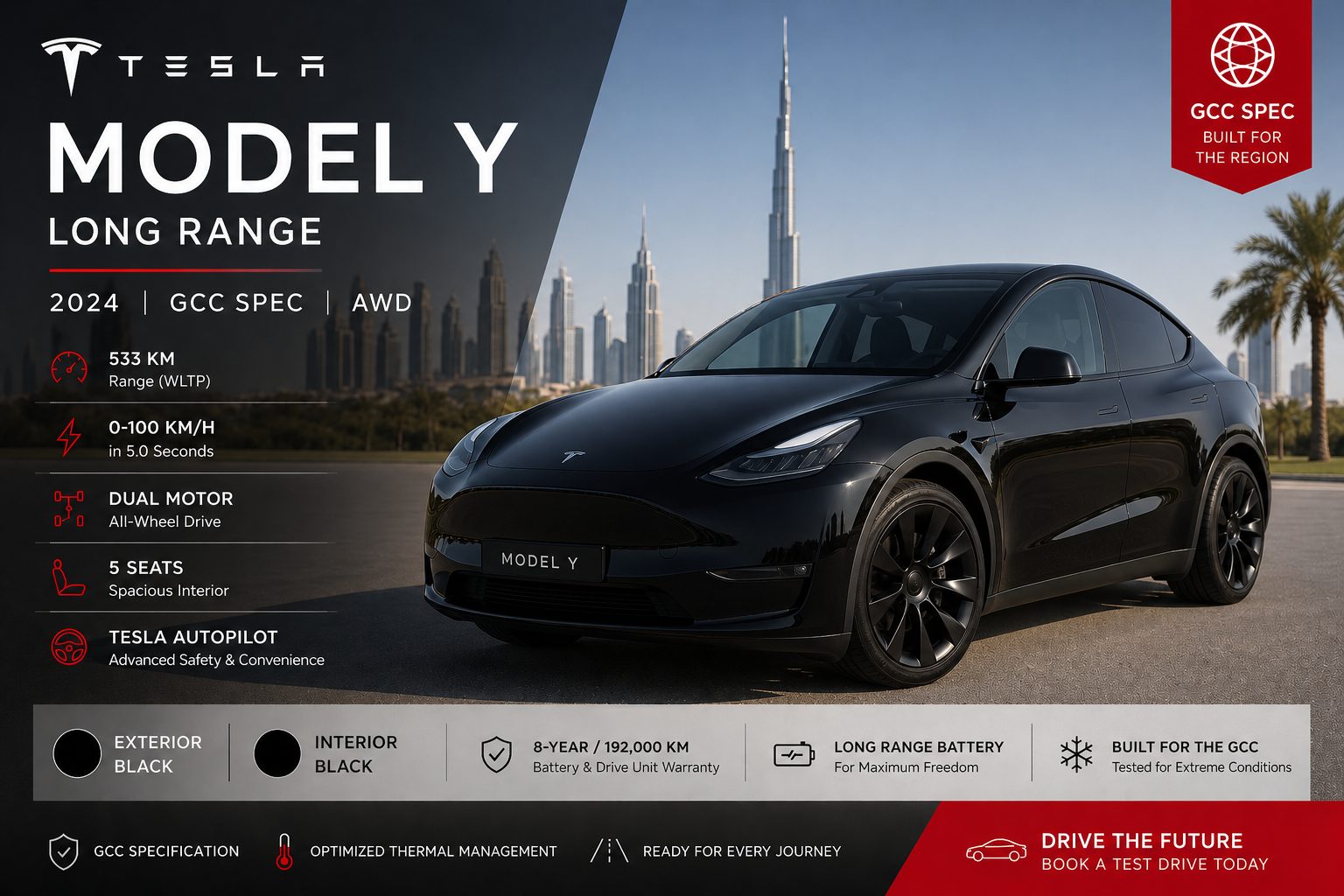 Tesla Model Y Long Range 2024 — Black, Induction 20 wheels