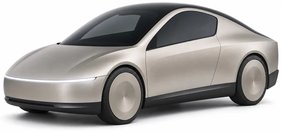 Illustration of the Tesla Cybercab, a silver two-seat robotaxi with one large door per side and a full-width front light bar