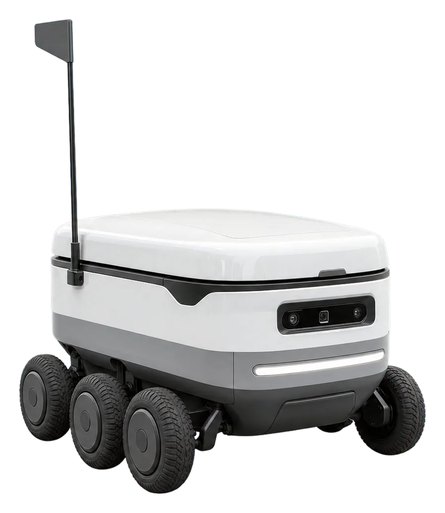 Illustration of a small six-wheel delivery robot