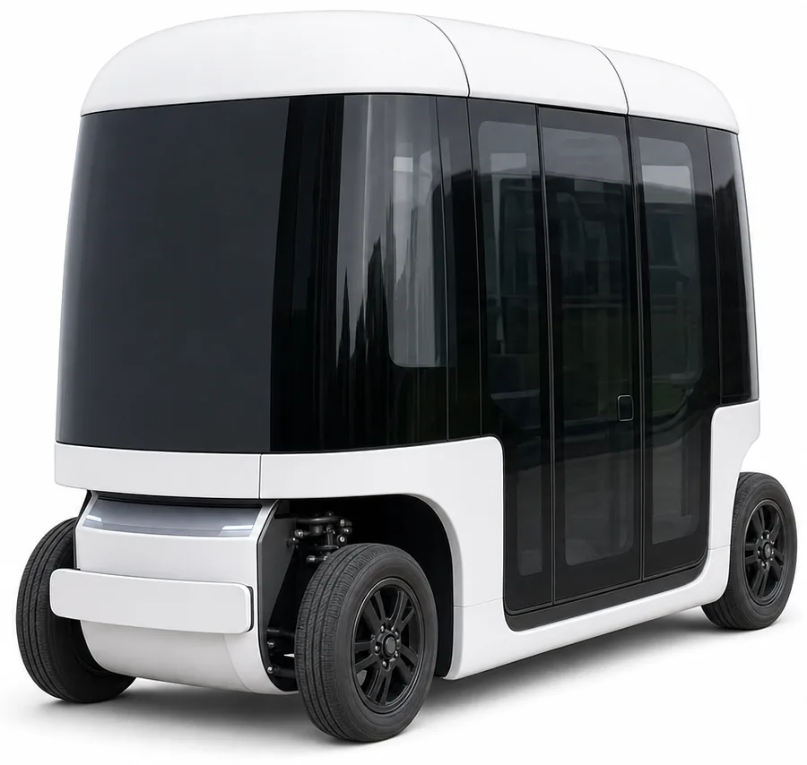 Illustration of a Glydways Glydcar pod: white rounded roof, black glass band and sliding glass doors