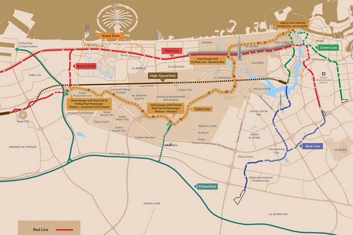 RTA map of Dubai's rail network in 2032: the Gold Line dashed in gold with numbered stations from Al Ghubaiba to Jumeirah Golf Estates, Etihad Rail stations at Meydan and Jumeirah Golf Estates, and the high-speed line along Al Khail Road
