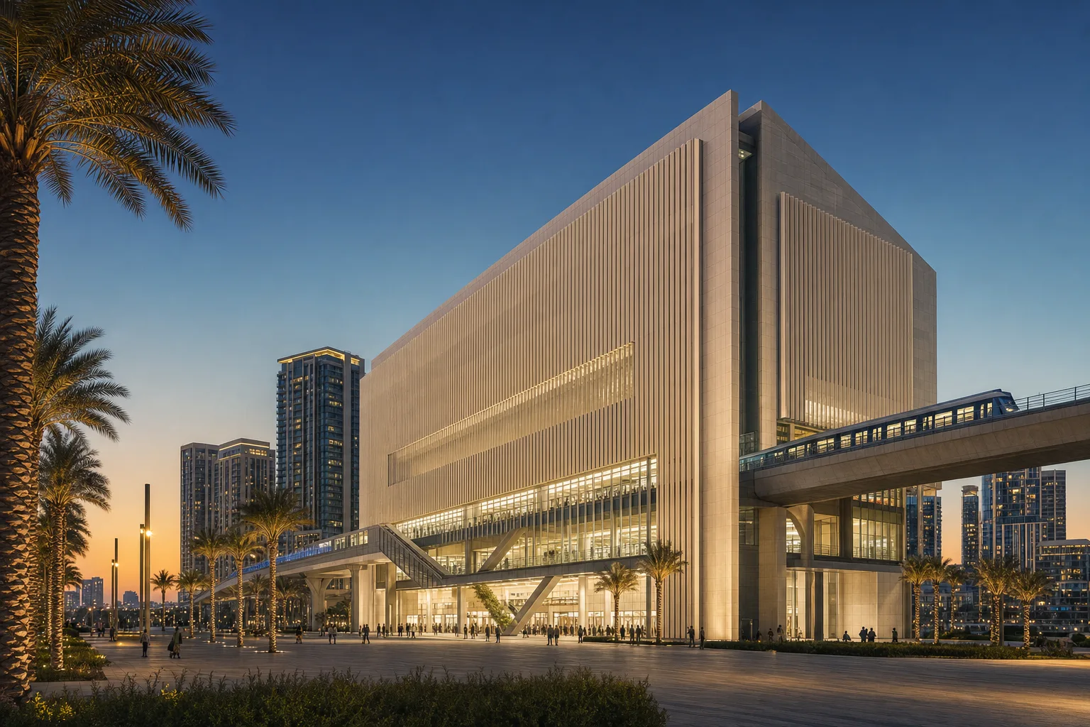 Illustration of the Emaar Properties Blue Line station at Dubai Creek Harbour at dusk, with a Metro train on the viaduct