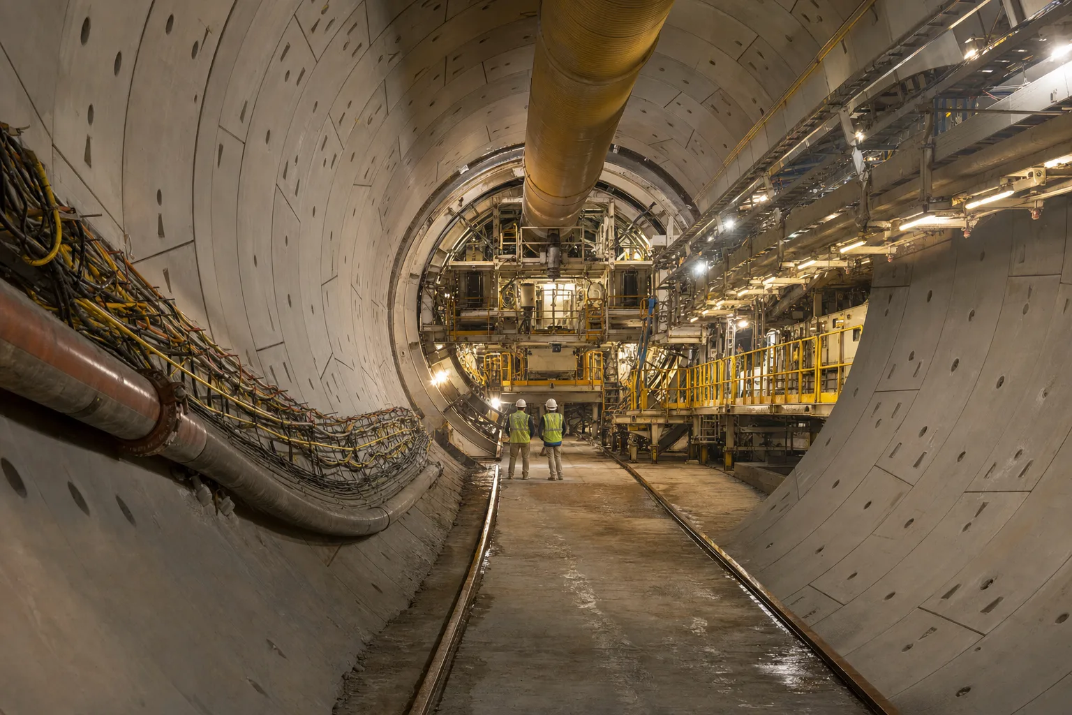 Illustration of a new Blue Line tunnel at International City, with workers and the tunnel boring machine gantry