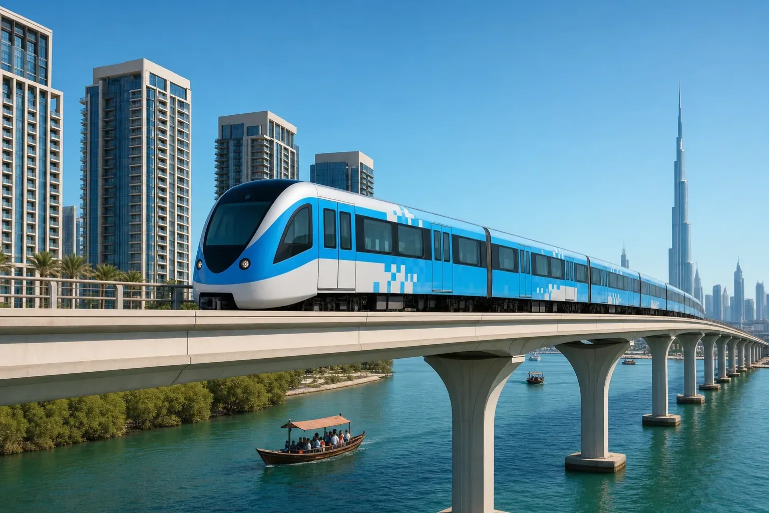 Illustration of a white and blue Dubai Metro train on a bridge over Dubai Creek, with dhows and towers