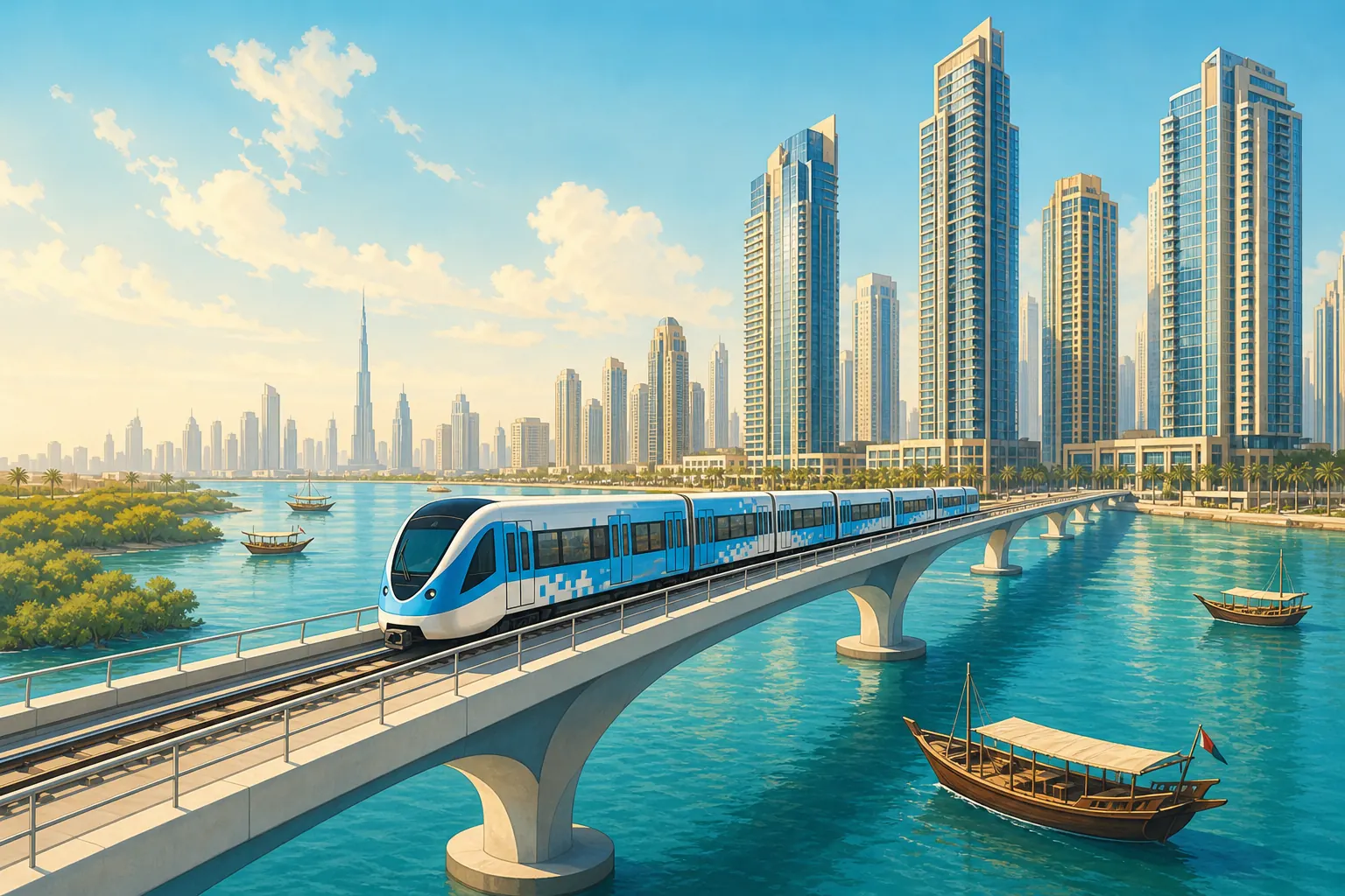 Illustration of a white and blue Dubai Metro train on a bridge over Dubai Creek, with dhows and towers