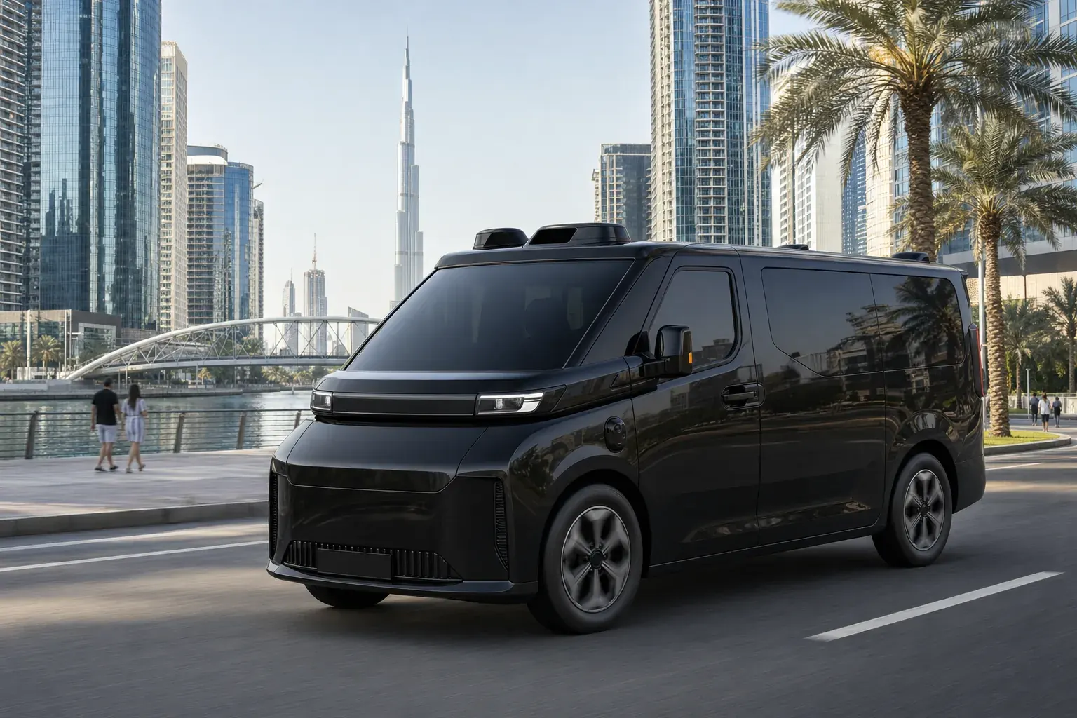 Illustration of a black WeRide GXR van on a street in Business Bay by the Dubai Water Canal