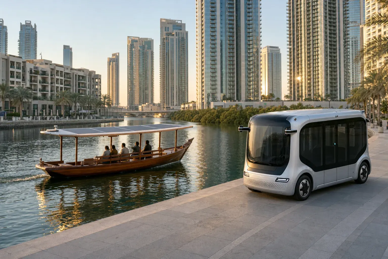 Illustration of an electric abra with a solar roof on Dubai Creek and a driverless shuttle on the promenade at Creek Harbour