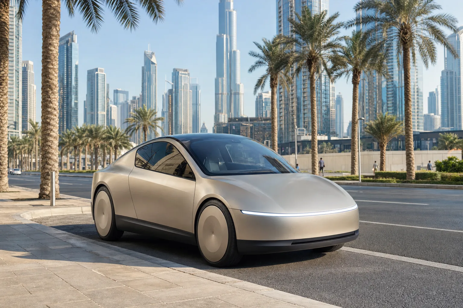 Illustration of a silver Tesla Cybercab robotaxi parked on a Downtown Dubai street with the Burj Khalifa behind