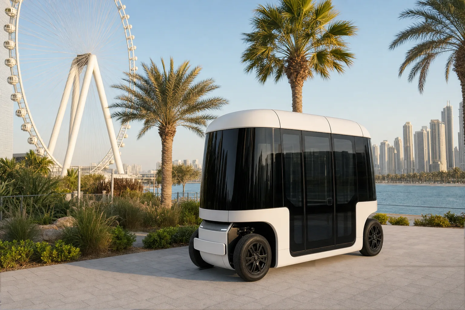 Illustration of a Glydways pod at Bluewaters Island, Dubai, with the Ain Dubai wheel behind
