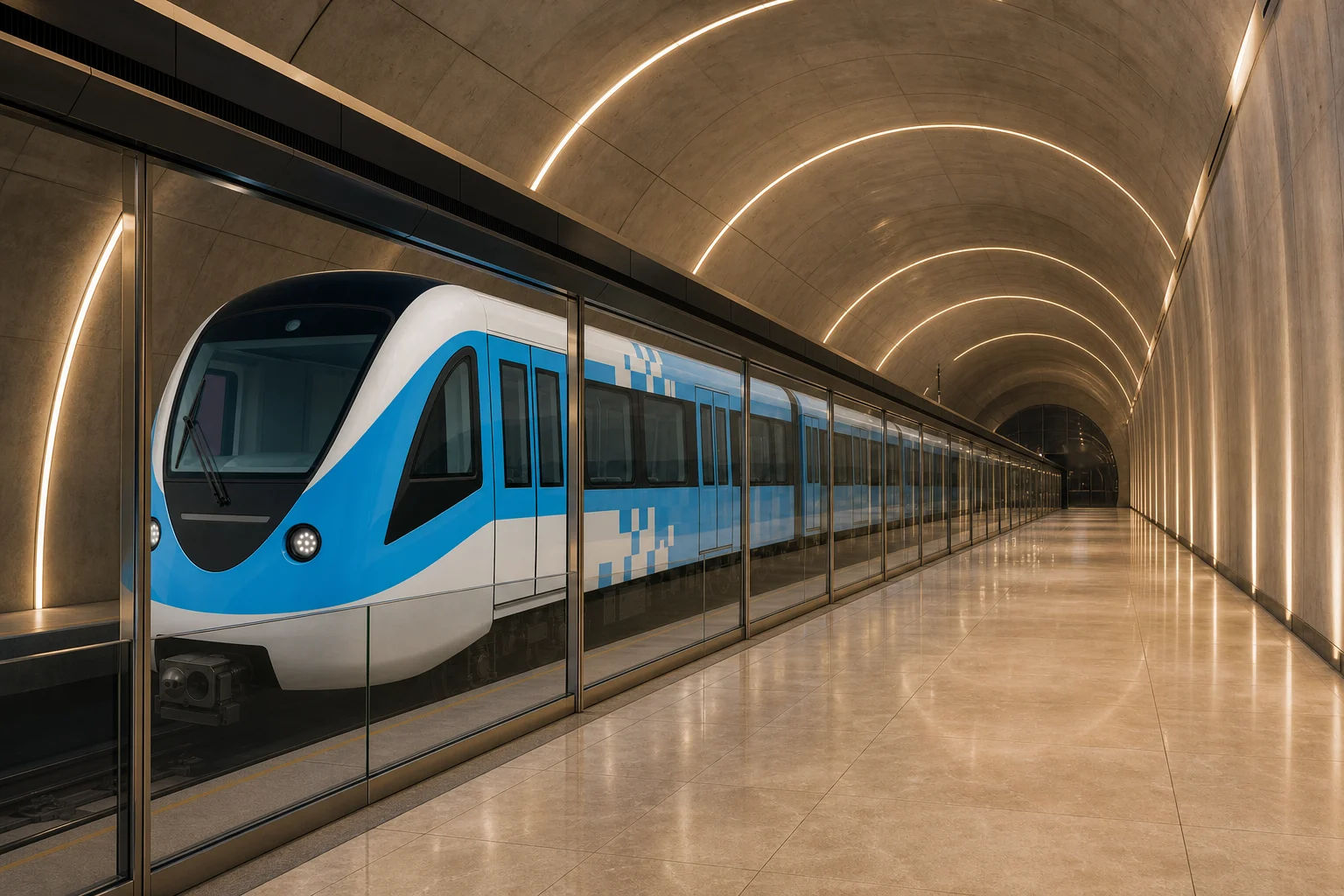 Illustration of a white and sky-blue Dubai Metro train at a deep underground platform, behind glass screen doors, under a curved concrete vault with gold light lines