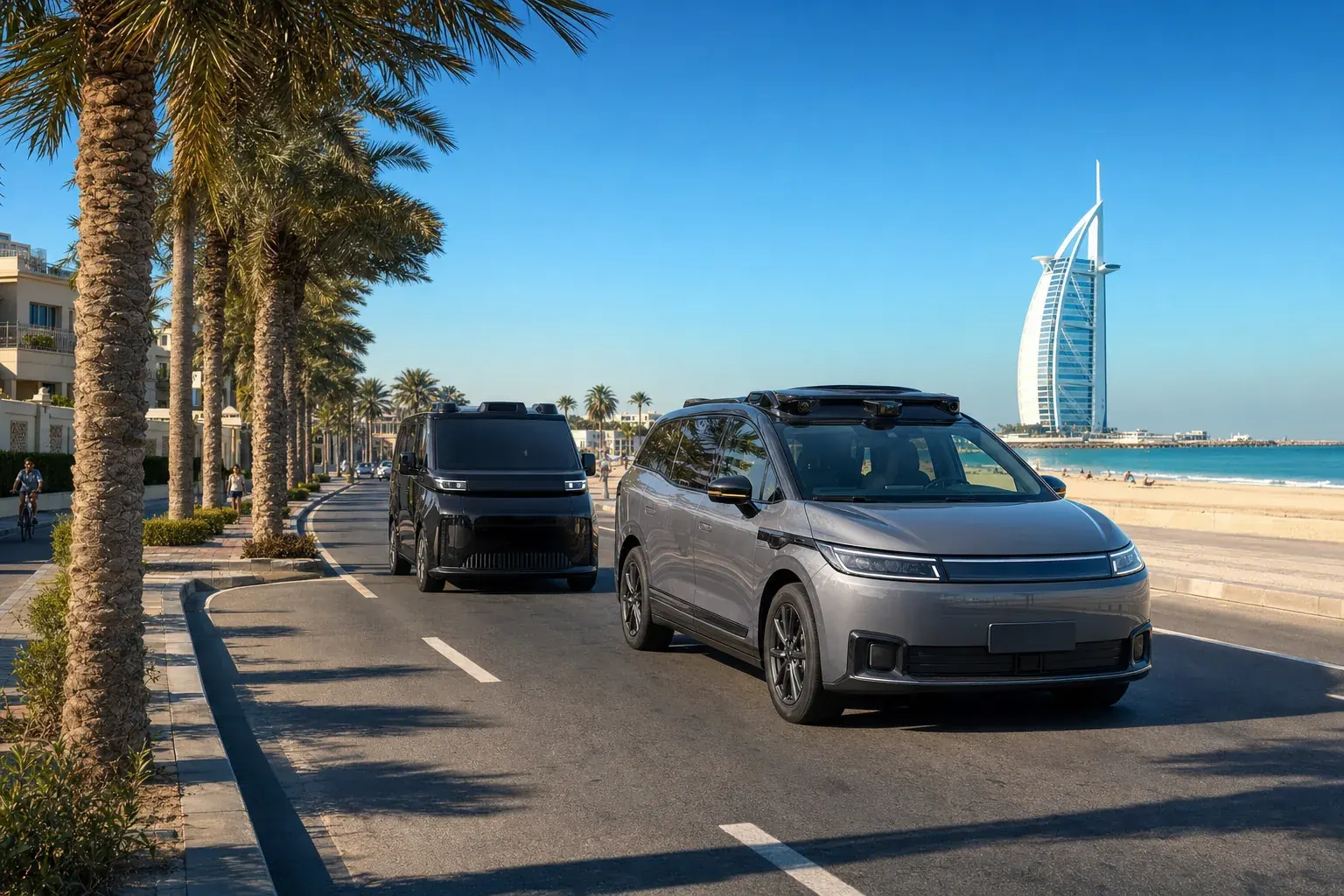 Illustration of a grey Apollo Go RT6 and a black WeRide GXR driverless taxi on a palm-lined beach road in Umm Suqeim, with the Burj Al Arab behind