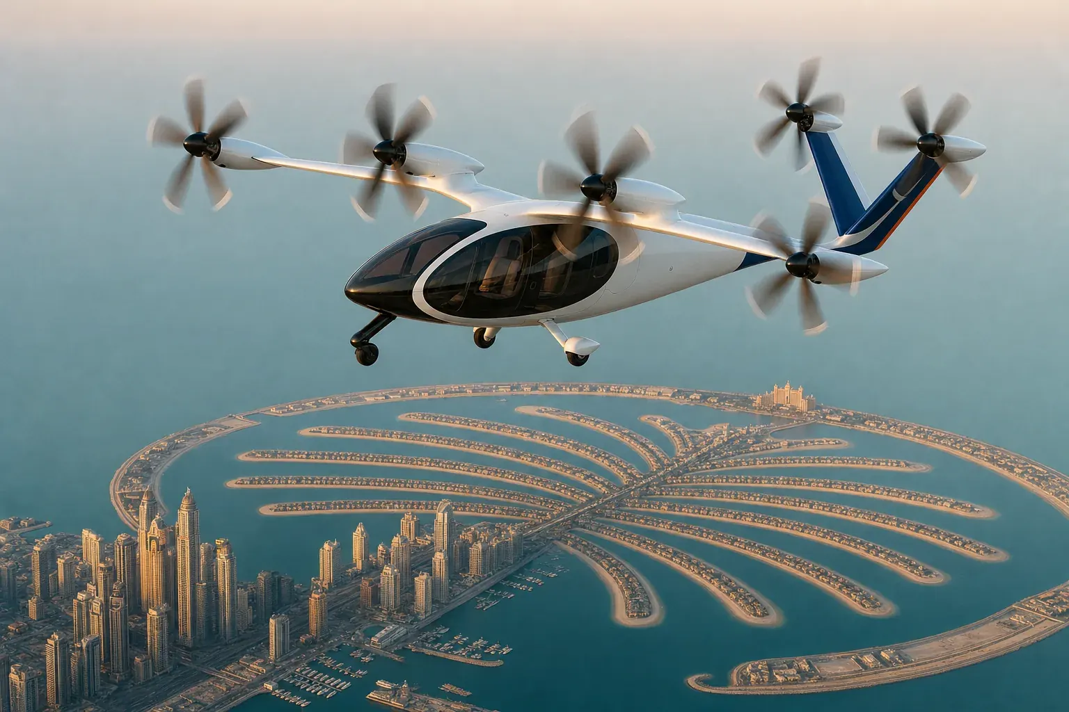 Illustration of a white Joby S4 air taxi flying over Palm Jumeirah and Dubai Marina