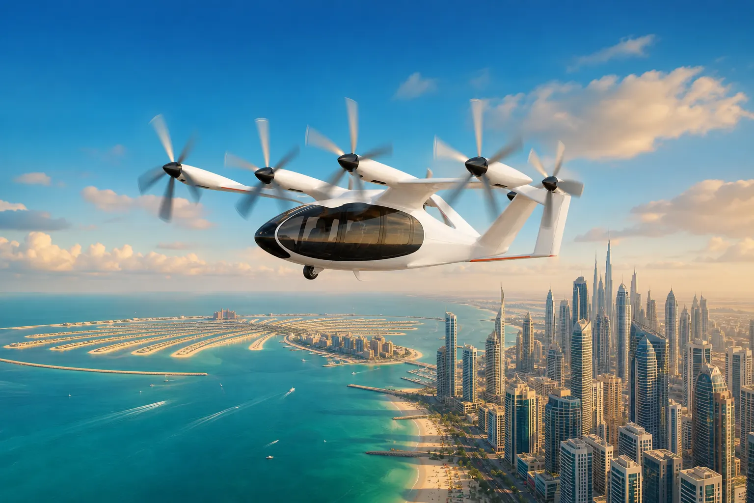 Illustration of a white Joby S4 air taxi flying over Palm Jumeirah and Dubai Marina