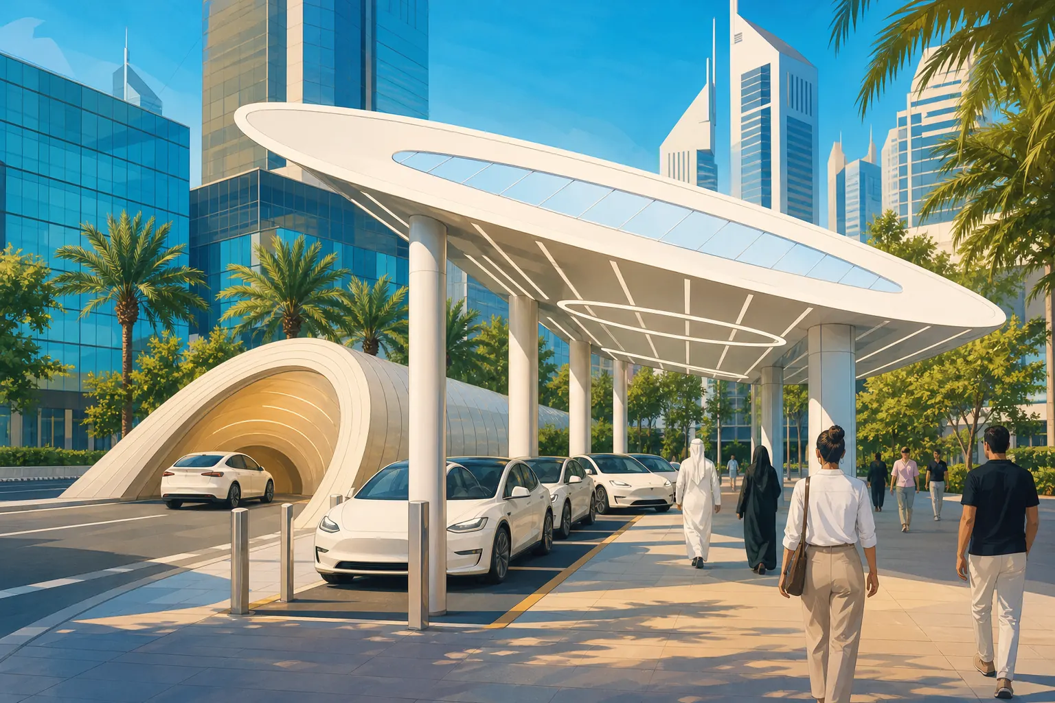 Illustration of a Dubai Loop surface station: a swept white canopy over white Tesla Model Y cars, with an arched tunnel entrance
