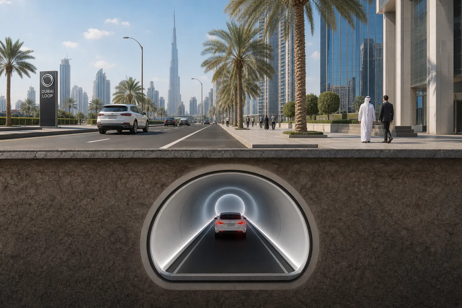 Cutaway illustration of a Dubai Loop tunnel under a city street, with a white Tesla inside