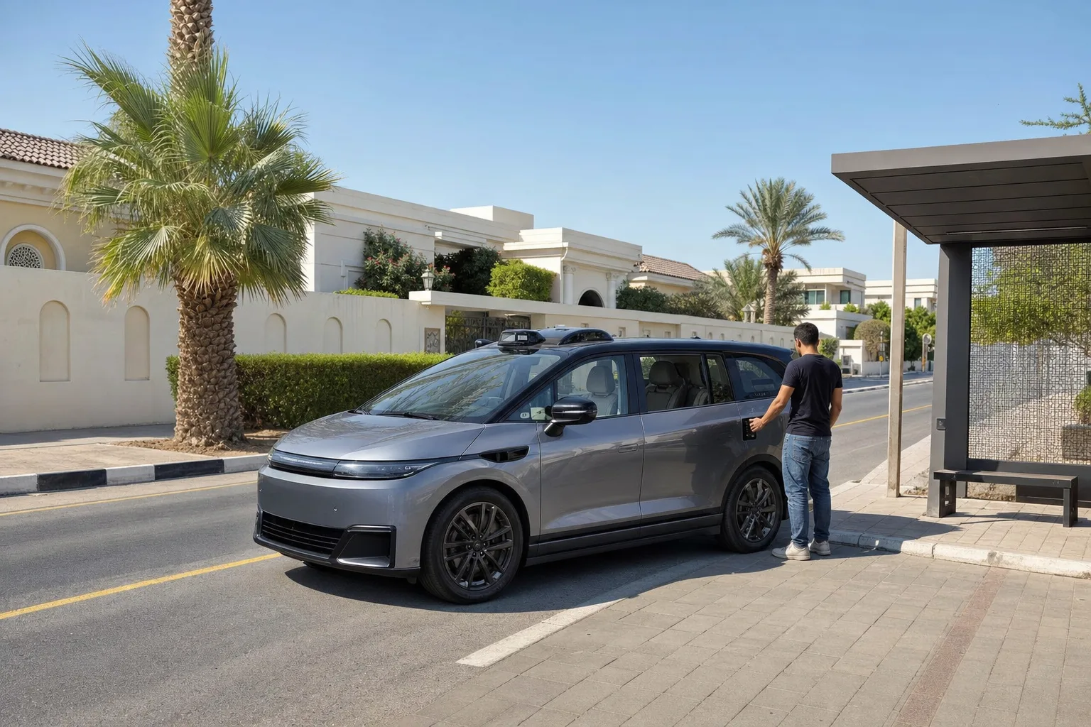 Illustration of a grey Apollo Go robotaxi at a bus-stop pickup point in Umm Suqeim, a rider unlocking the door