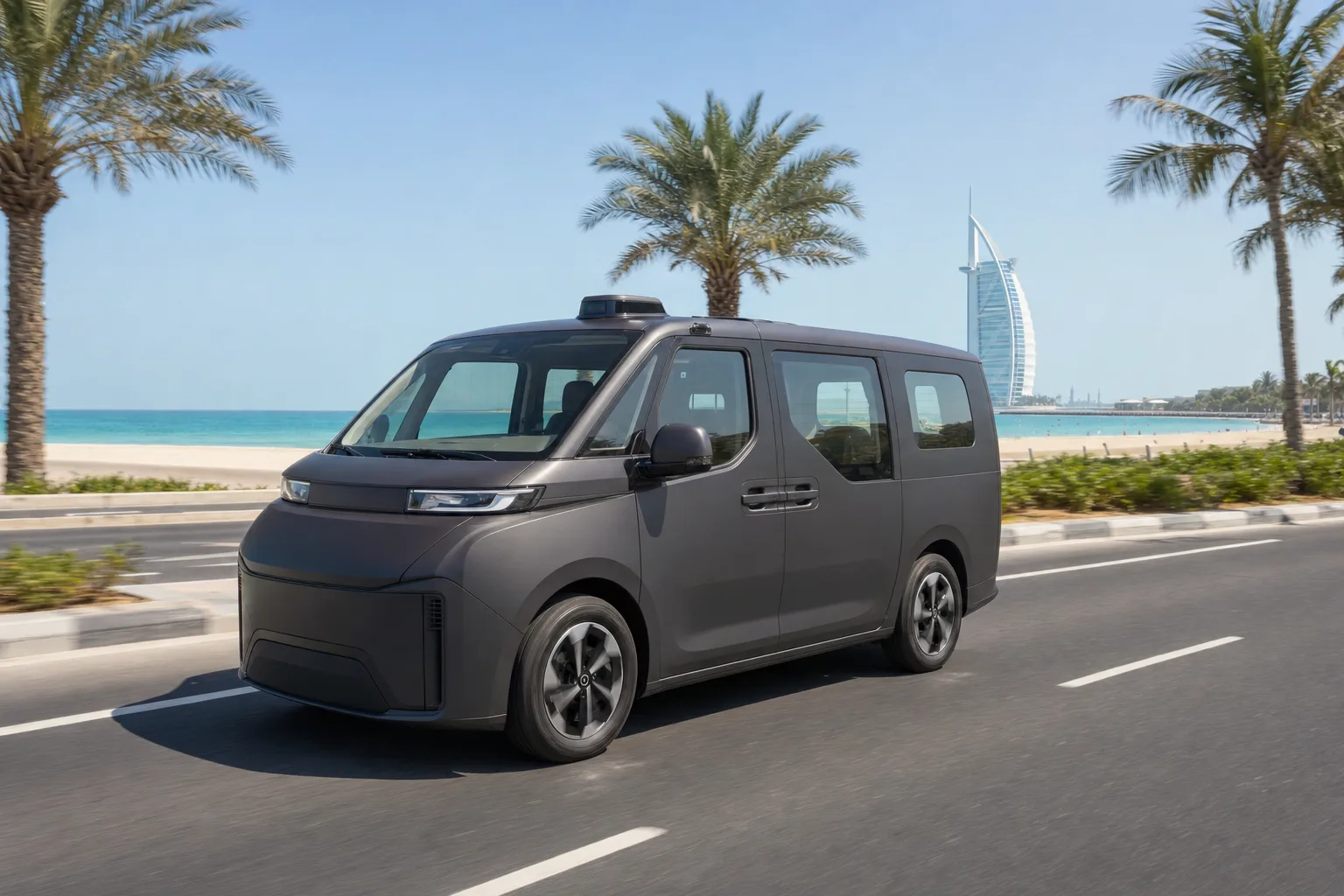 Illustration of a dark WeRide Robotaxi GXR van on a beach road in Jumeirah, with the Burj Al Arab behind