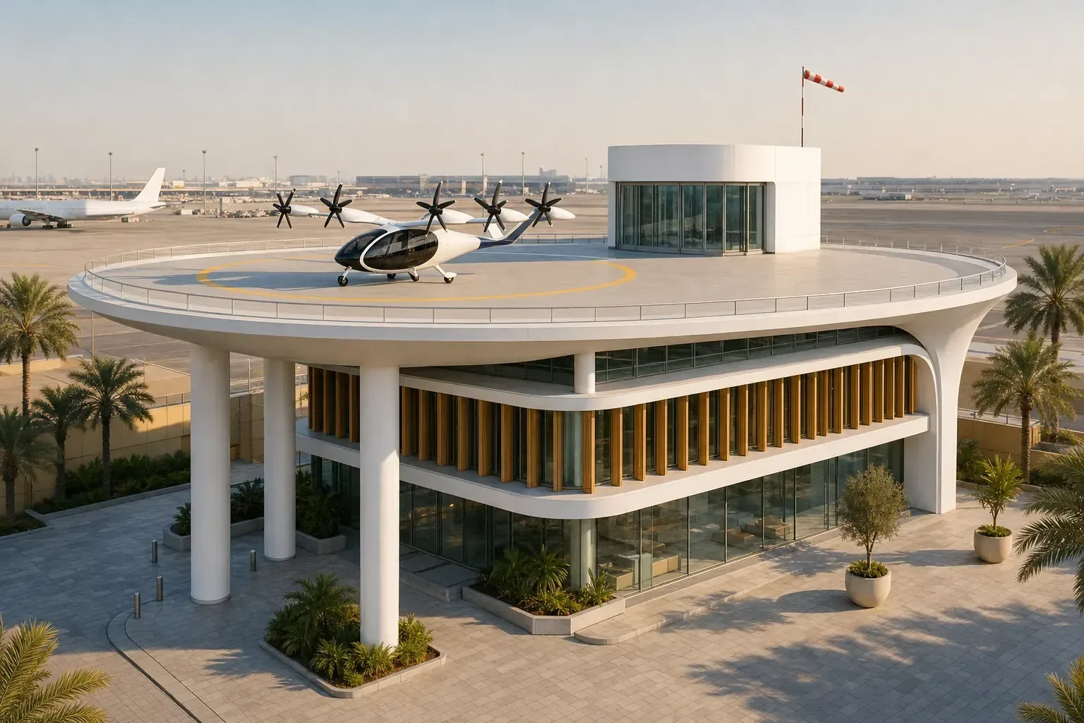 Illustration of the DXB vertiport: a white building with wood-tone fins and an oval roof deck on columns, with a Joby S4 air taxi on a pad