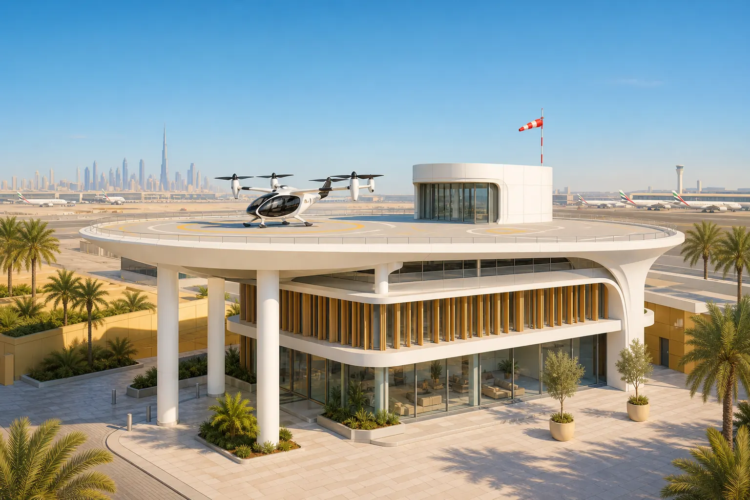Illustration of the DXB vertiport: a white building with wood-tone fins and an oval roof deck on columns, with a Joby S4 air taxi on a pad