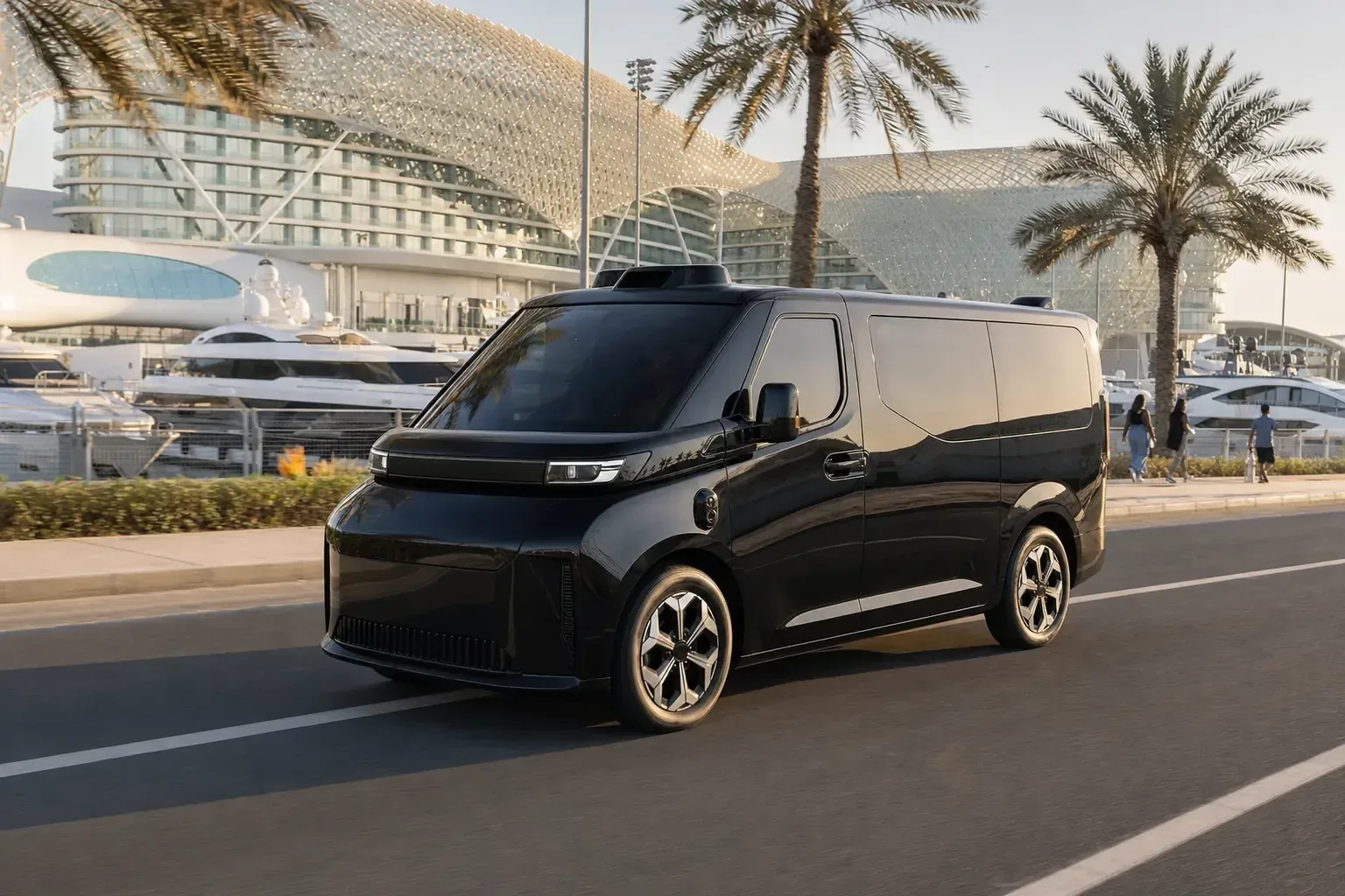 Illustration of a black WeRide GXR driverless van on Yas Island, Abu Dhabi, with the W hotel and the marina behind