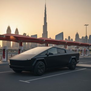 Cybertruck in Matt Black in front of Supercharger