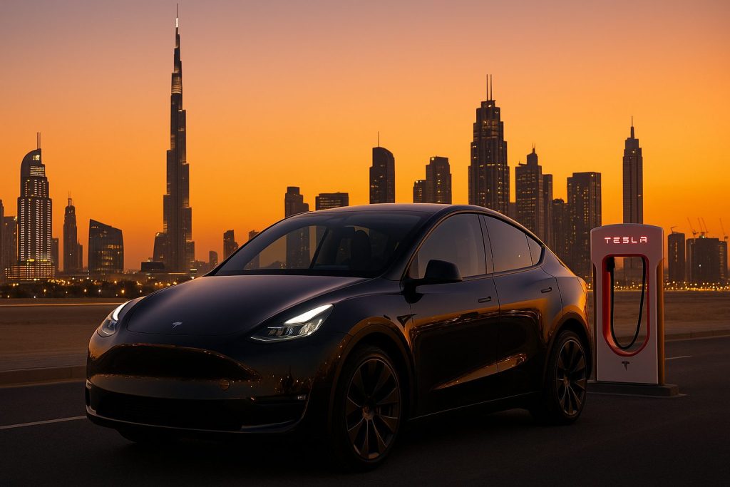 Model Y parked in front of Supercharger and Burj Khalifa Dubai Skyline