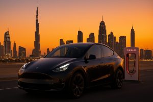 Model Y parked in front of Supercharger and Burj Khalifa Dubai Skyline