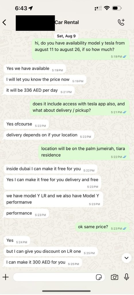 Rent Tesla Model Y Whatsapp Negotiation