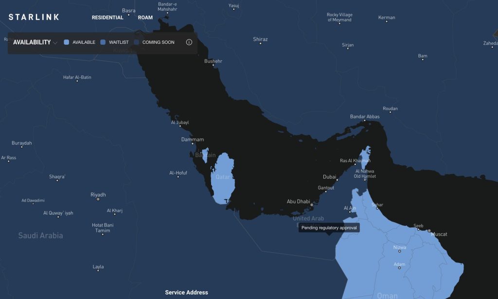 Starlink in Dubai Map UAE Oman Bahrain Qatar