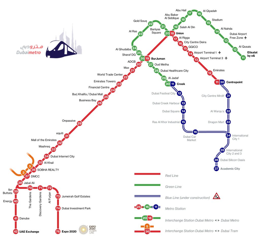 Dubai Metro Map 2025 Green, Red and Blue Line