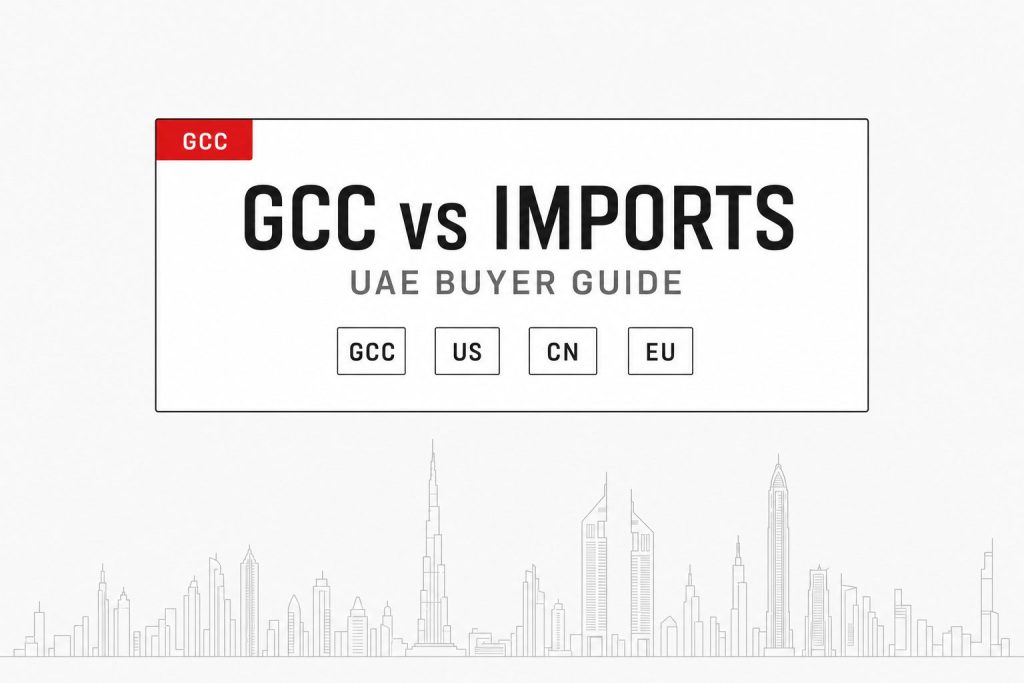 GCC vs Imported Tesla in the UAE — license-plate-style cover with GCC tab, region chips for GCC US CN EU, and a Sheikh Zayed Road skyline silhouette