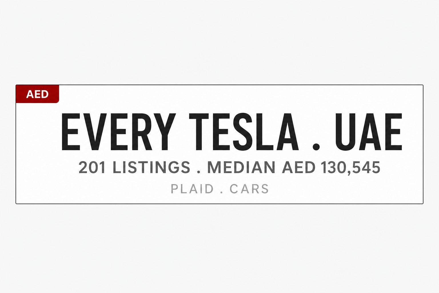 PlaidCars hero license-plate-styled banner for every Tesla for sale in the UAE