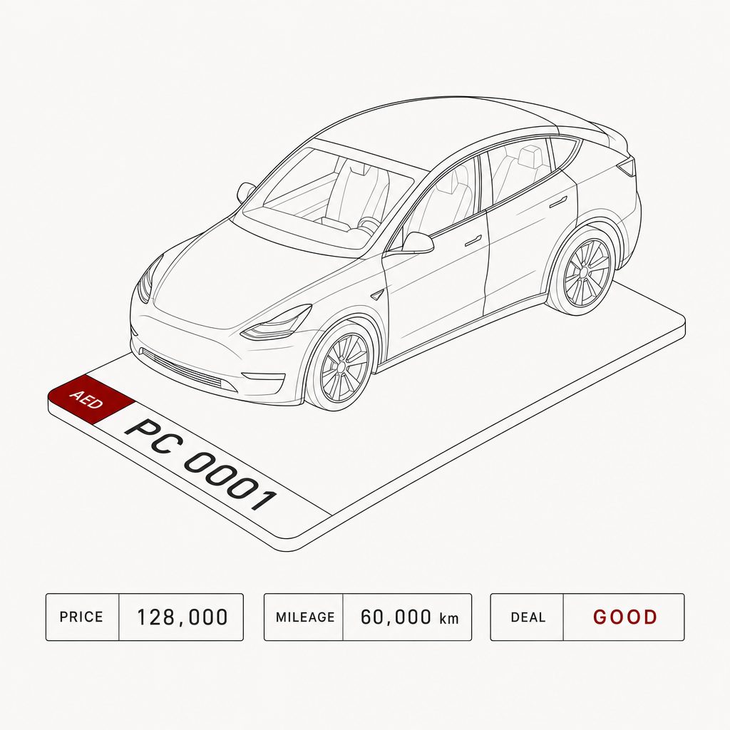 Buy a Tesla on PlaidCars — isometric illustration of a Tesla Model Y on a plate-styled platform