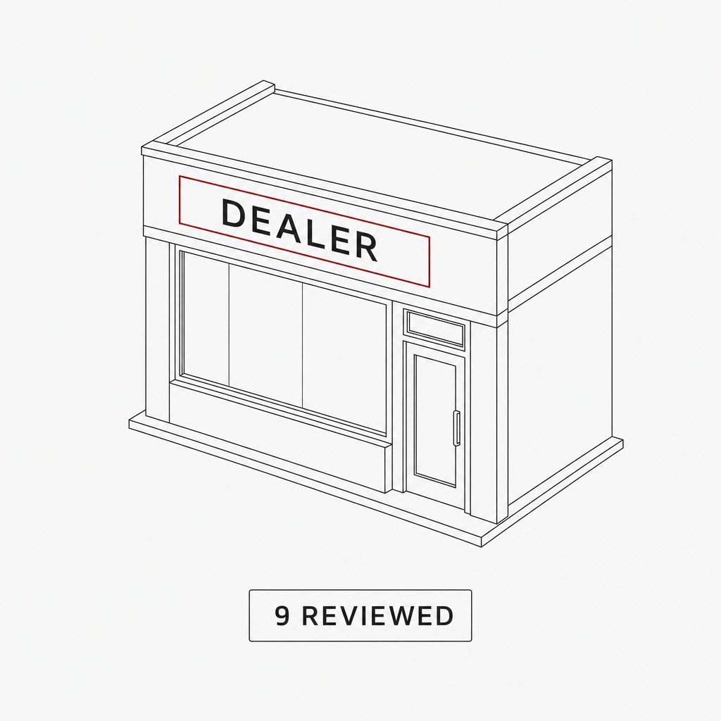 Dealer reviews on PlaidCars — isometric illustration of a storefront with a reviewed-count chip