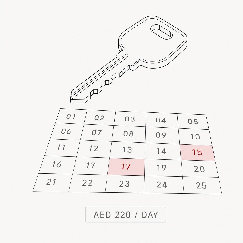 Rent a Tesla on PlaidCars — isometric illustration of a key over a calendar with day labels visible