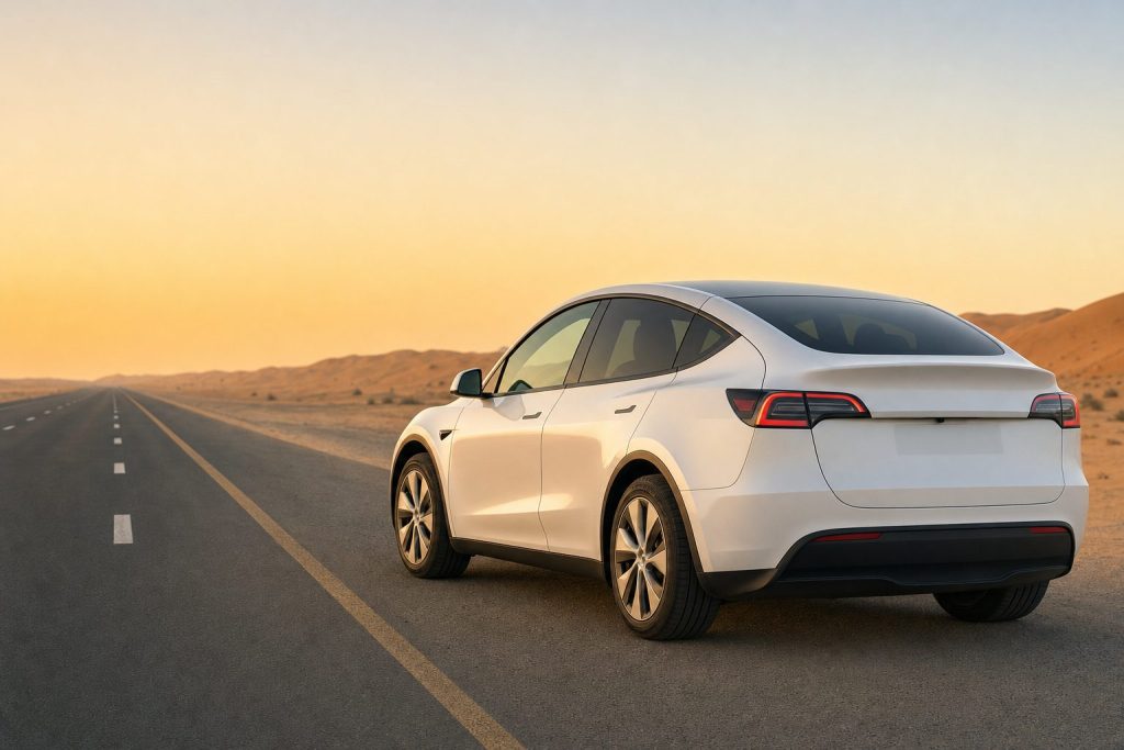Pearl-white Tesla Model Y parked on the shoulder of a wide UAE highway at golden hour, dunes in the distance — editorial automotive style