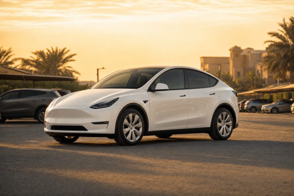 Pearl-white Tesla Model Y front three-quarter view in a UAE outdoor parking area at golden hour, soft palm silhouettes in distance
