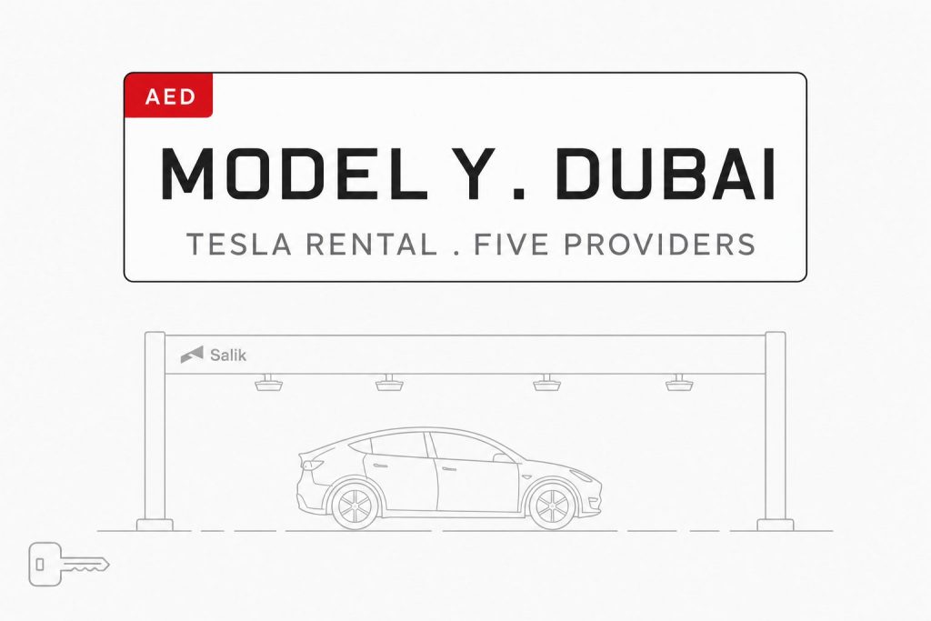 Renting a Tesla Model Y in Dubai cover — license-plate with Salik toll gantry silhouette beneath