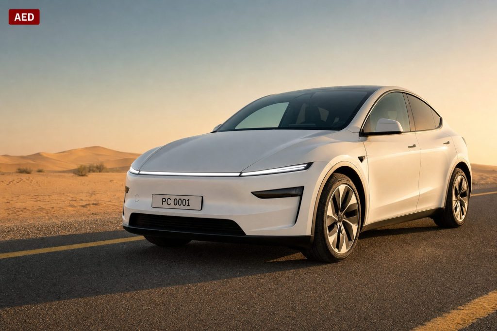 Pearl-white 2026 Tesla Model Y Juniper front three-quarter view at golden hour on a UAE highway shoulder, dunes in background