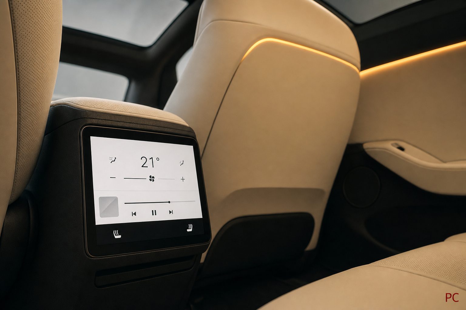 Tesla Model Y Juniper interior — new 8-inch rear-passenger touchscreen and warm-amber wraparound ambient light strip