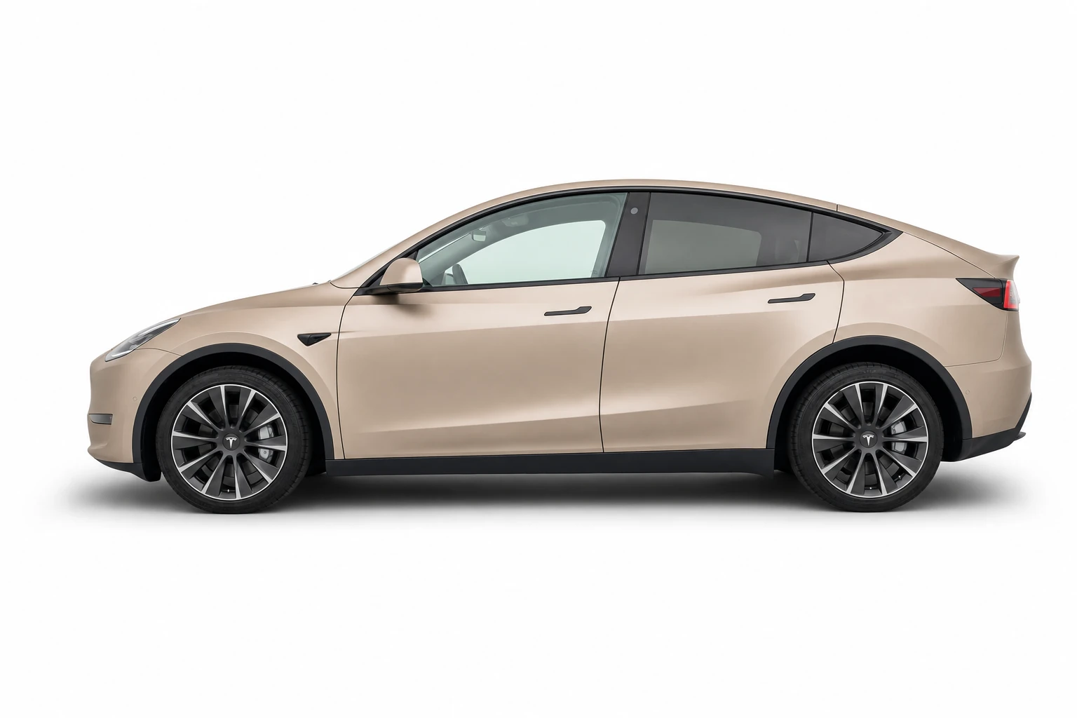 Original design Tesla Model Y - Beige wrap - 20-inch Induction wheels - side profile view