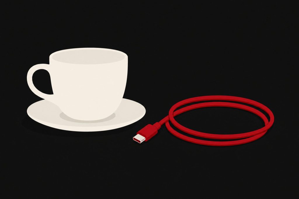 A coffee cup beside a coiled red charging cable