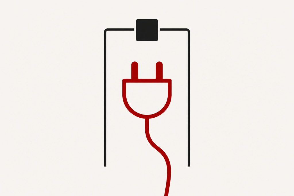 Top-down outline of a parking bay with a bold dark-red electric plug glyph inside and a blank charcoal sign square at its head