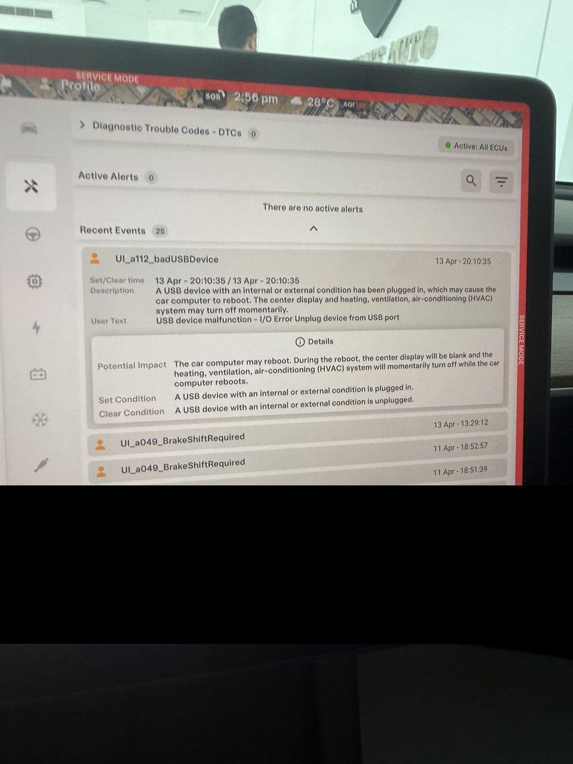 Tesla Service Mode alerts and DTC log showing active alerts and the recent-events history