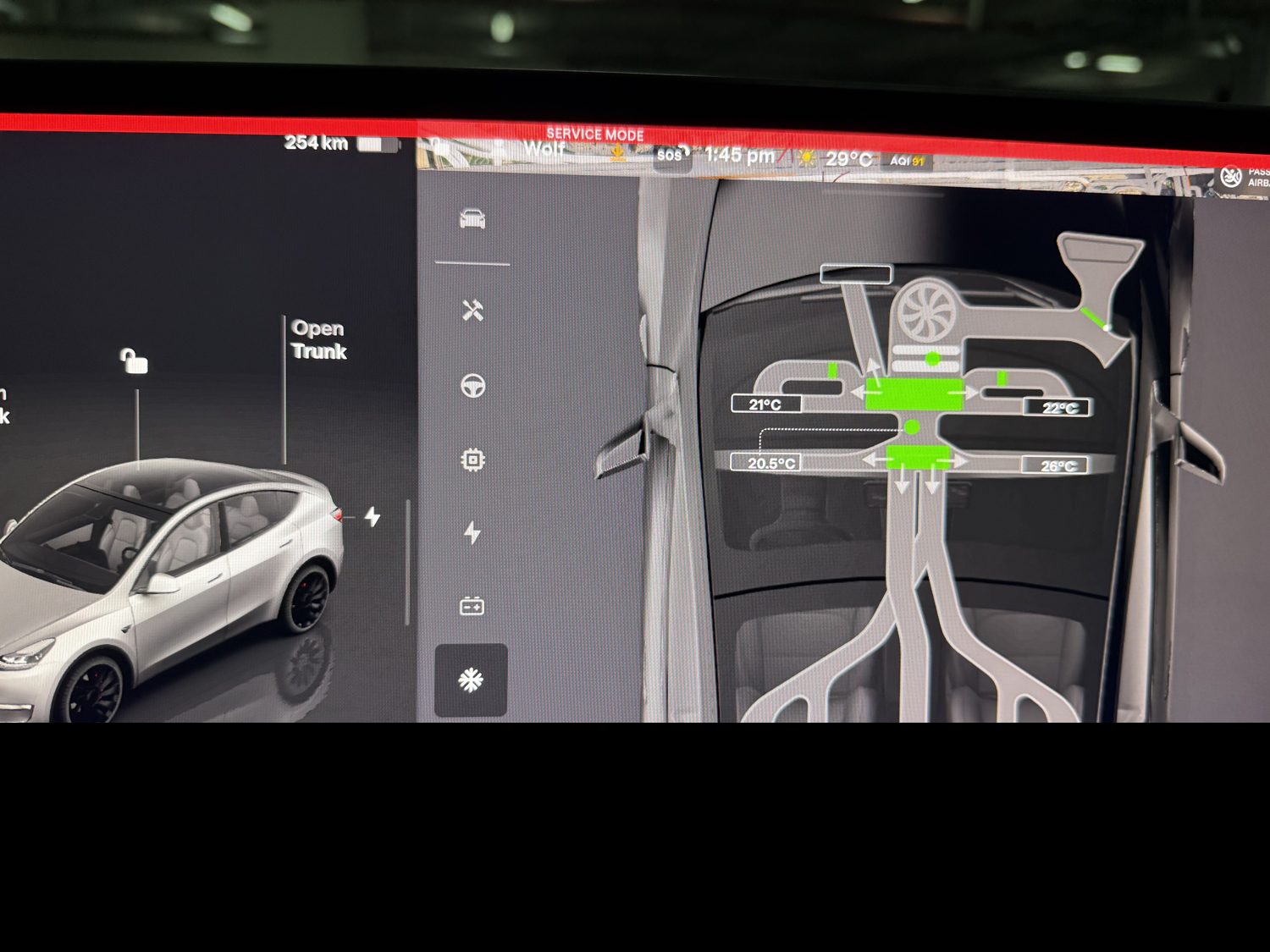 Tesla Service Mode coolant-system view with the live flow path through the battery and powertrain loop
