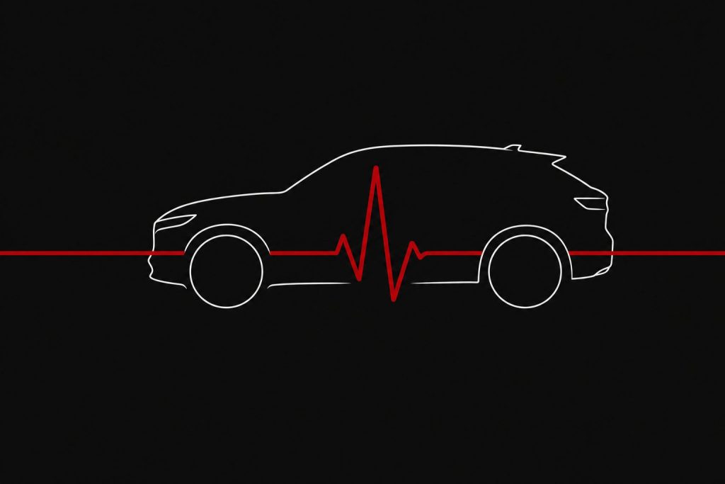 A red diagnostic pulse line passing through the outline of a car