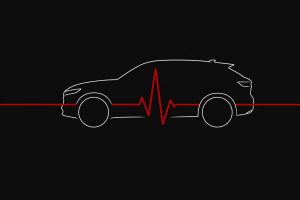 A red diagnostic pulse line passing through the outline of a car