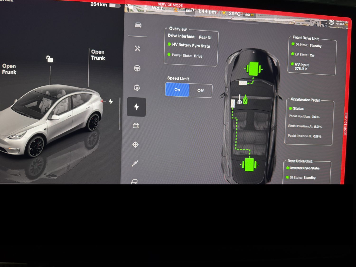 Tesla Service Mode drive-unit page showing front and rear motor state
