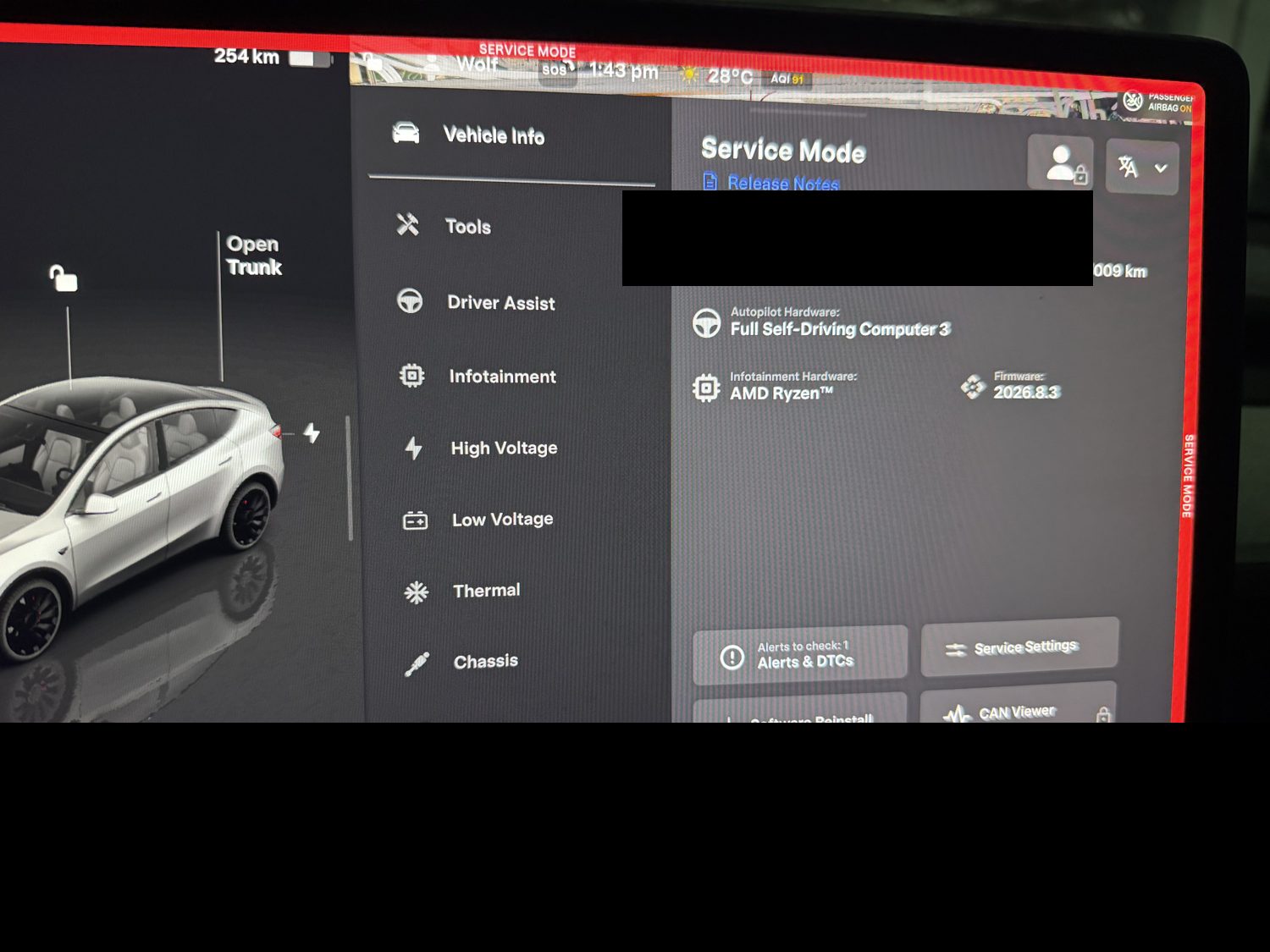 Tesla Service Mode home screen, the diagnostic menu on the left and the vehicle information panel on the right, VIN redacted