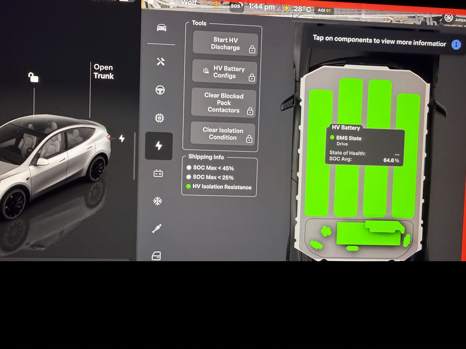 Tesla Service Mode cell-group view showing even green bars across the battery bricks